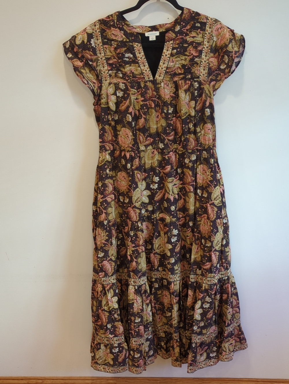 Western Boho Whimsy Cottage Sundance Brown Pink Floral Maxi Dress Size Large EUC - Picture 2 of 9
